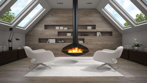 Interior of mansard room with fireplace 3D rendering